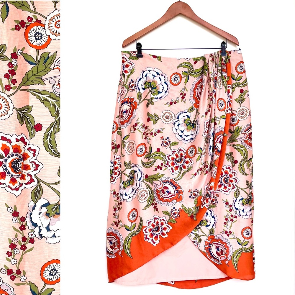 Ann Taylor Floral Satin Wrap Midi Skirt Textured Hi-Low Hem Lined Side Zip